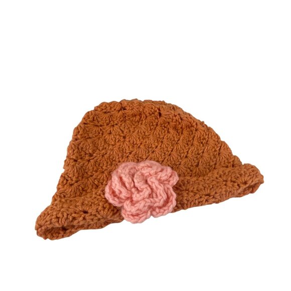 Handcrafted Crochet Baby Hat With Pink Flower Accent In Soft Brown - Picture 6 of 7
